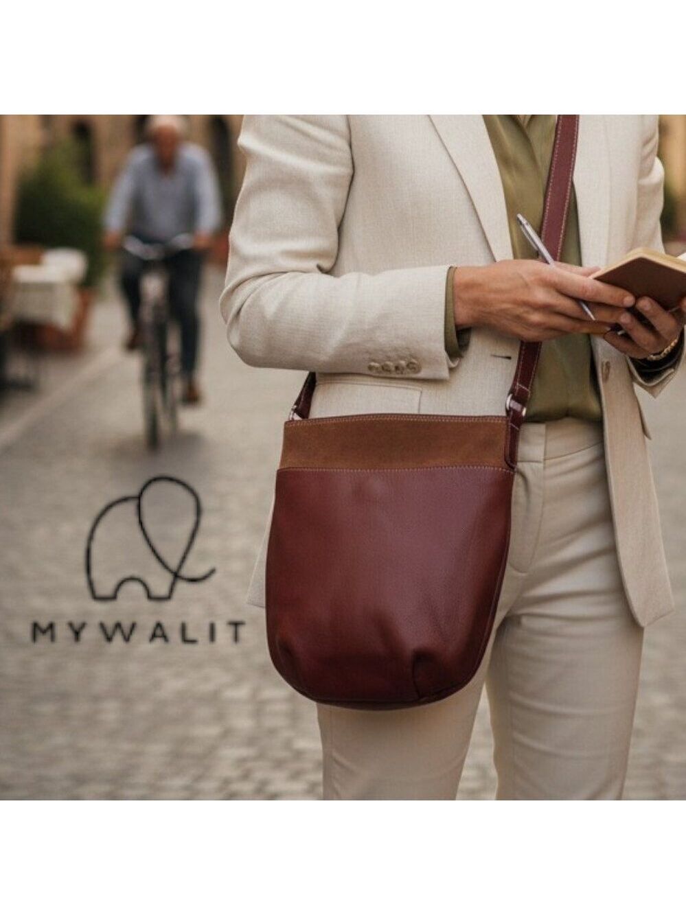 Mywalit Leather Crossbody Bag Brown Suede Trim Elephant Logo Italian Leather
